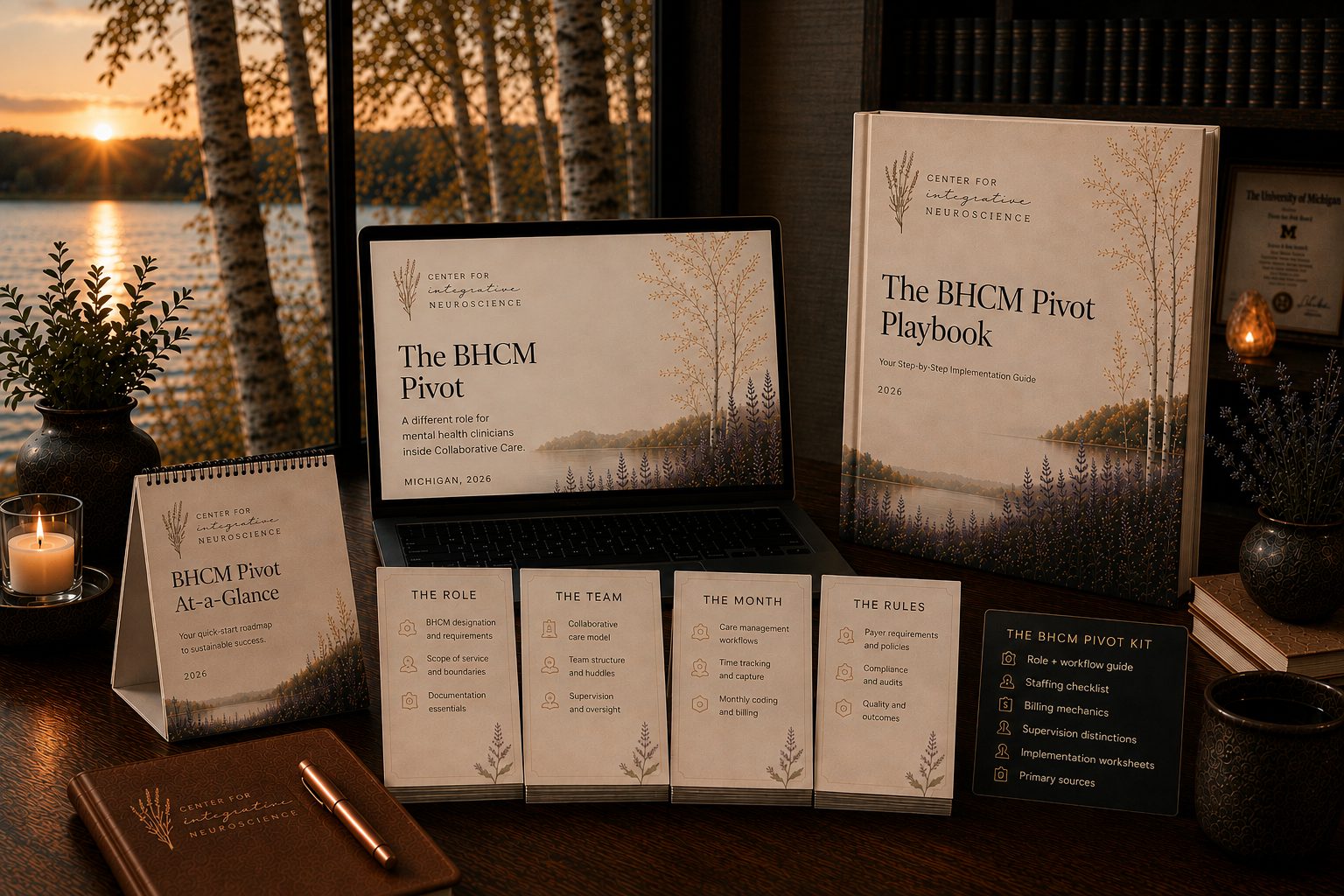 The BHCM Pivot Playbook shown as a printed implementation guide, an on-screen guide, an at-a-glance roadmap, and four printable card sets: the role, the team, the month, and the rules.