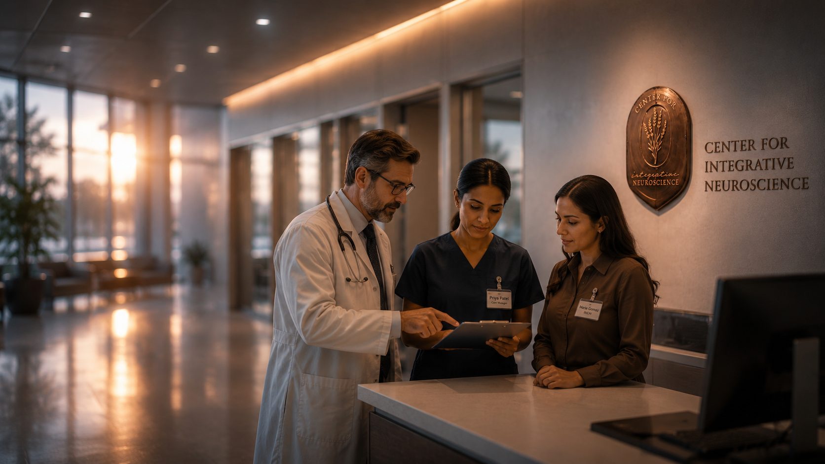 A physician, a care manager, and a behavioral health care manager reviewing a patient list together at a clinic desk