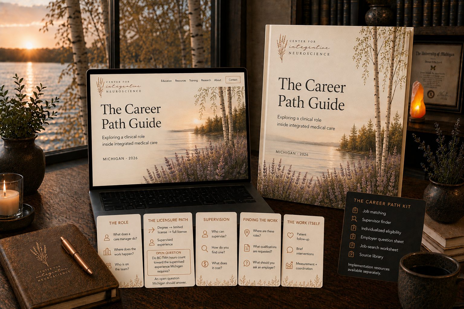 The Career Path Guide shown as a printed guide, an on-screen guide, and five printable cards: the role, the licensure path, supervision, finding the work, and the work itself.