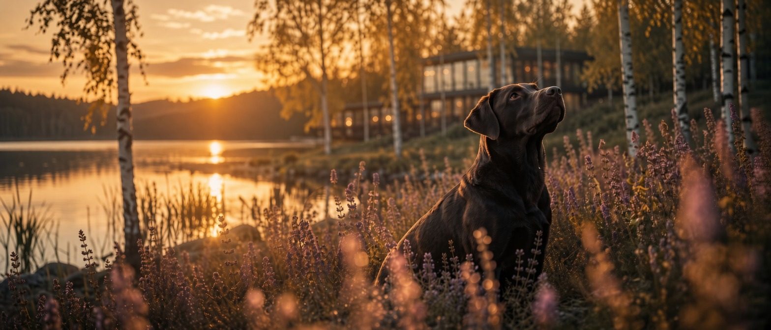 A dog sitting among lavender at the edge of a lake at sunset