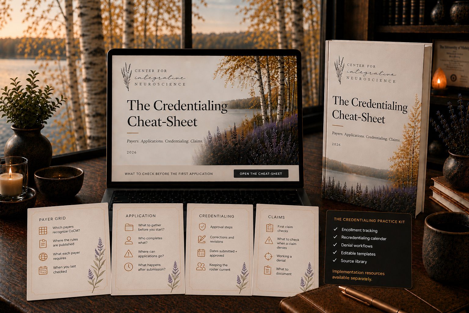 The Credentialing Cheat-Sheet shown as a printed guide, an on-screen guide, and four card sets: the payer grid, the application, credentialing, and claims.