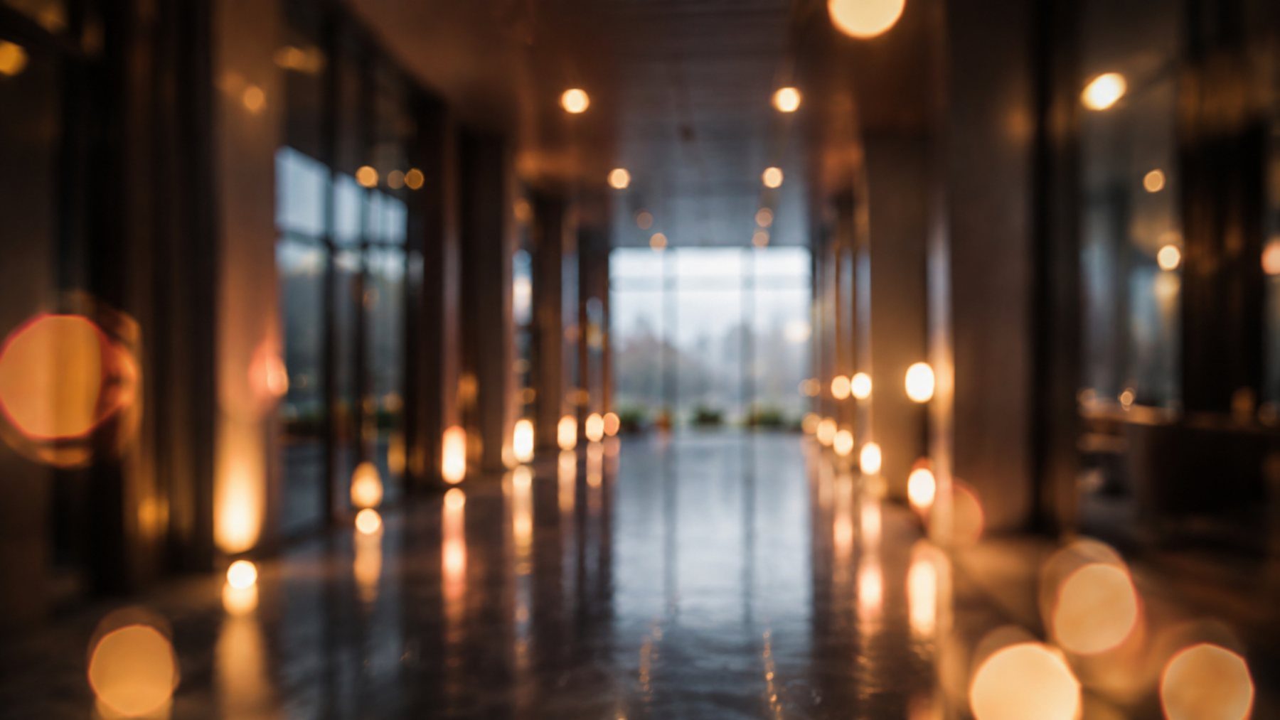 A corridor in a clinic at the end of the day, warm light from a doorway
