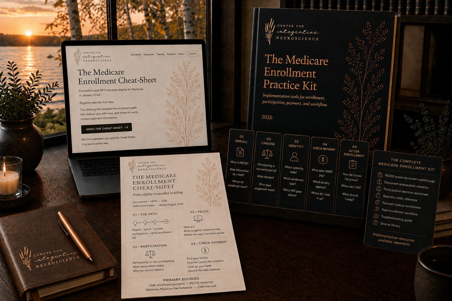 The cream Medicare Enrollment Cheat-Sheet in front, showing its four panels: the path, PECOS, participation, and checking payment. Behind it, the dark Medicare Enrollment Practice Kit and its implementation cards.