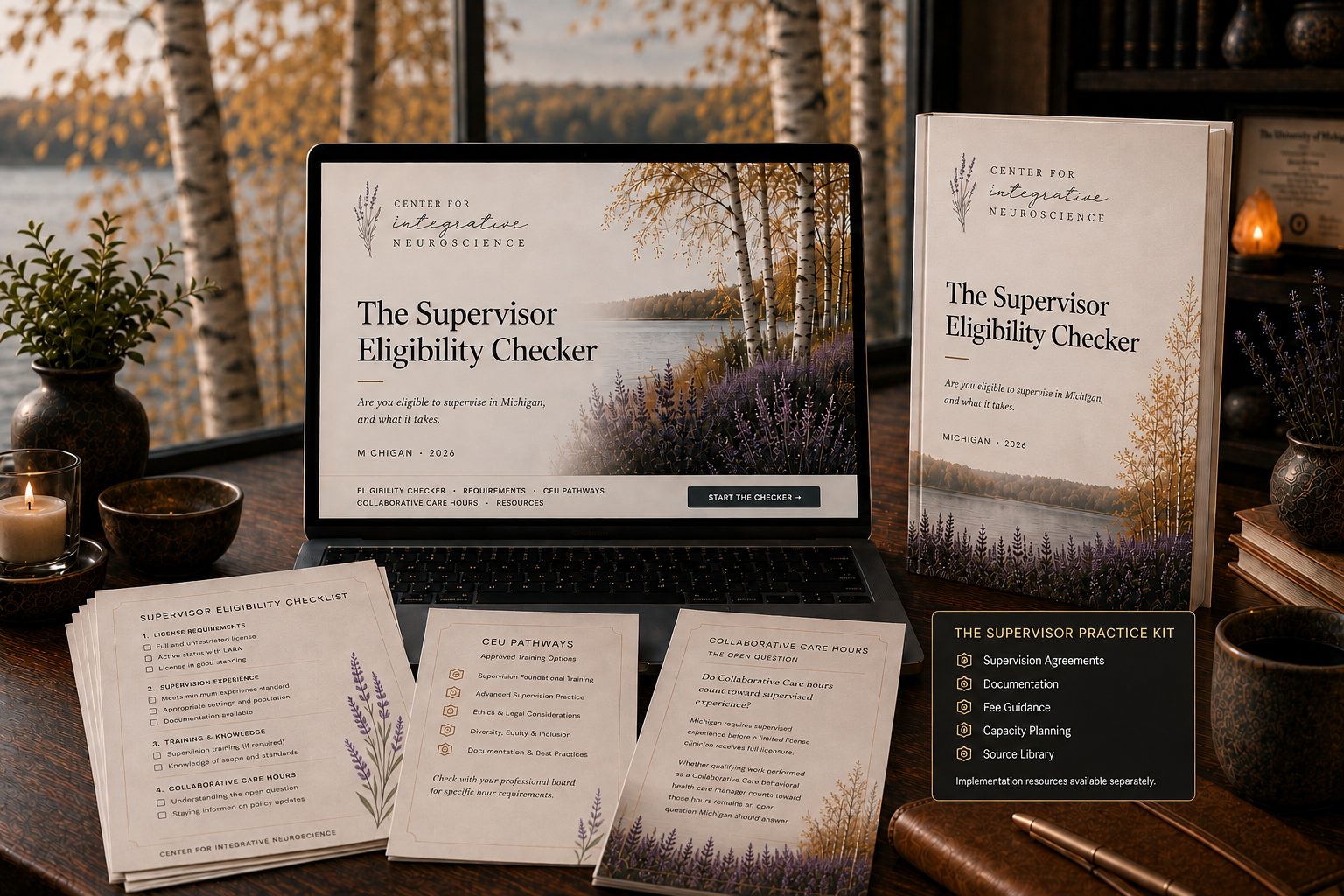 The Supervisor Eligibility Checker shown as a printed companion, an on-screen checker, and three printable worksheets: the eligibility checklist, the training-routes sheet, and the Collaborative Care hours open question.